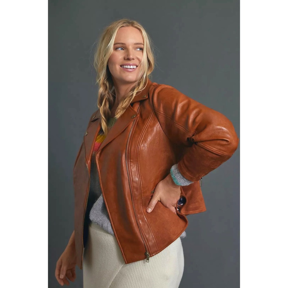 Anthropologie Robyn Faux Leather Moto Jacket XL Cognac Brown Fall Vegan Boho EUC